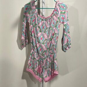 Macbeth Collection by Margaret Josephs Pink and Green Geometric Jumpsuit